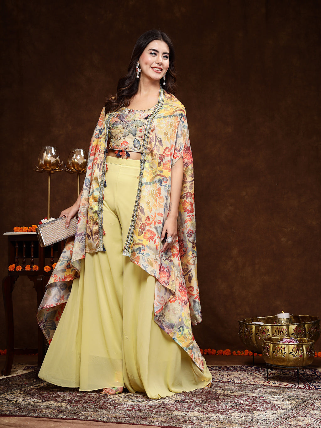 Women's Beige Printed Party Wear Georgette Palazzo & Blouse with Jacket