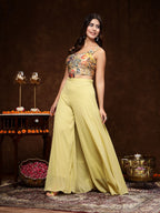 Women's Beige Printed Party Wear Georgette Palazzo & Blouse with Jacket
