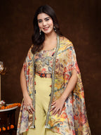 Women's Beige Printed Party Wear Georgette Palazzo & Blouse with Jacket