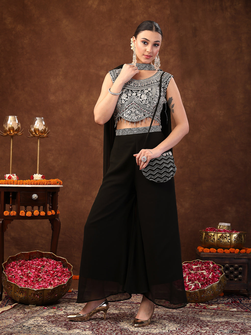 Women's Black Embellished Party Wear Georgette Palazzo & Blouse with Dupatta