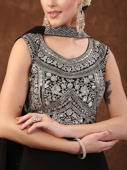 Women's Black Embellished Party Wear Georgette Palazzo & Blouse with Dupatta