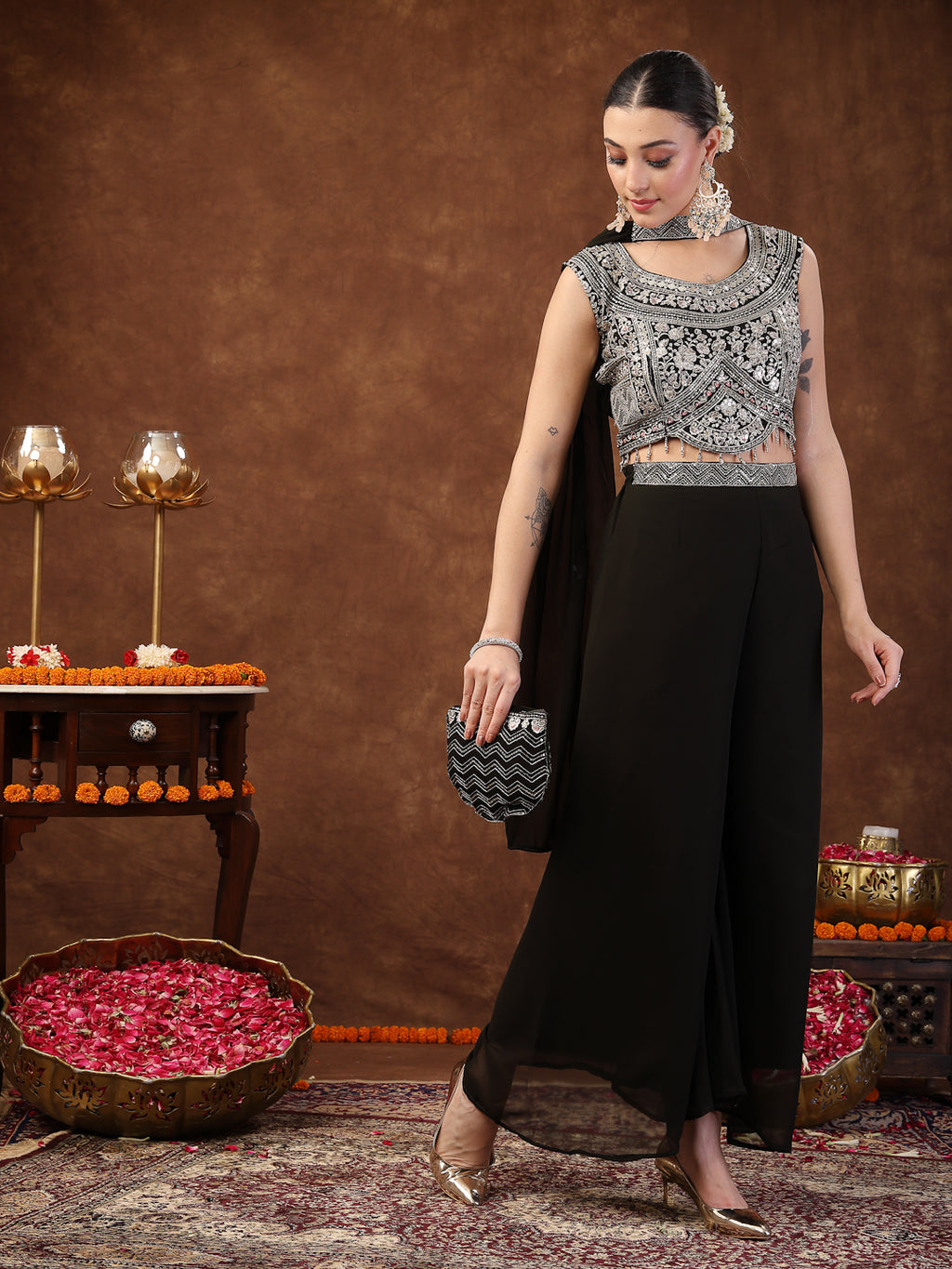 Women's Black Embellished Party Wear Georgette Palazzo & Blouse with Dupatta