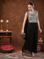 Women's Black Embellished Party Wear Georgette Palazzo & Blouse with Dupatta