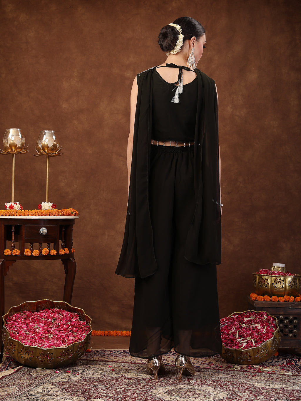 Women's Black Embellished Party Wear Georgette Palazzo & Blouse with Dupatta