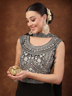 Women's Black Embellished Party Wear Georgette Palazzo & Blouse with Dupatta