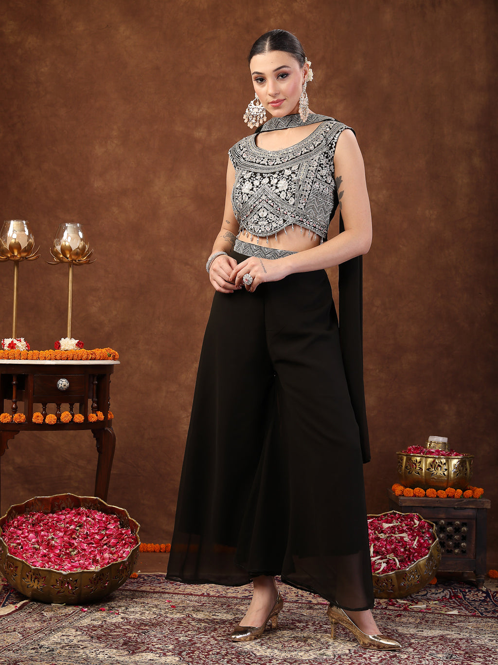 Women's Black Embellished Party Wear Georgette Palazzo & Blouse with Dupatta