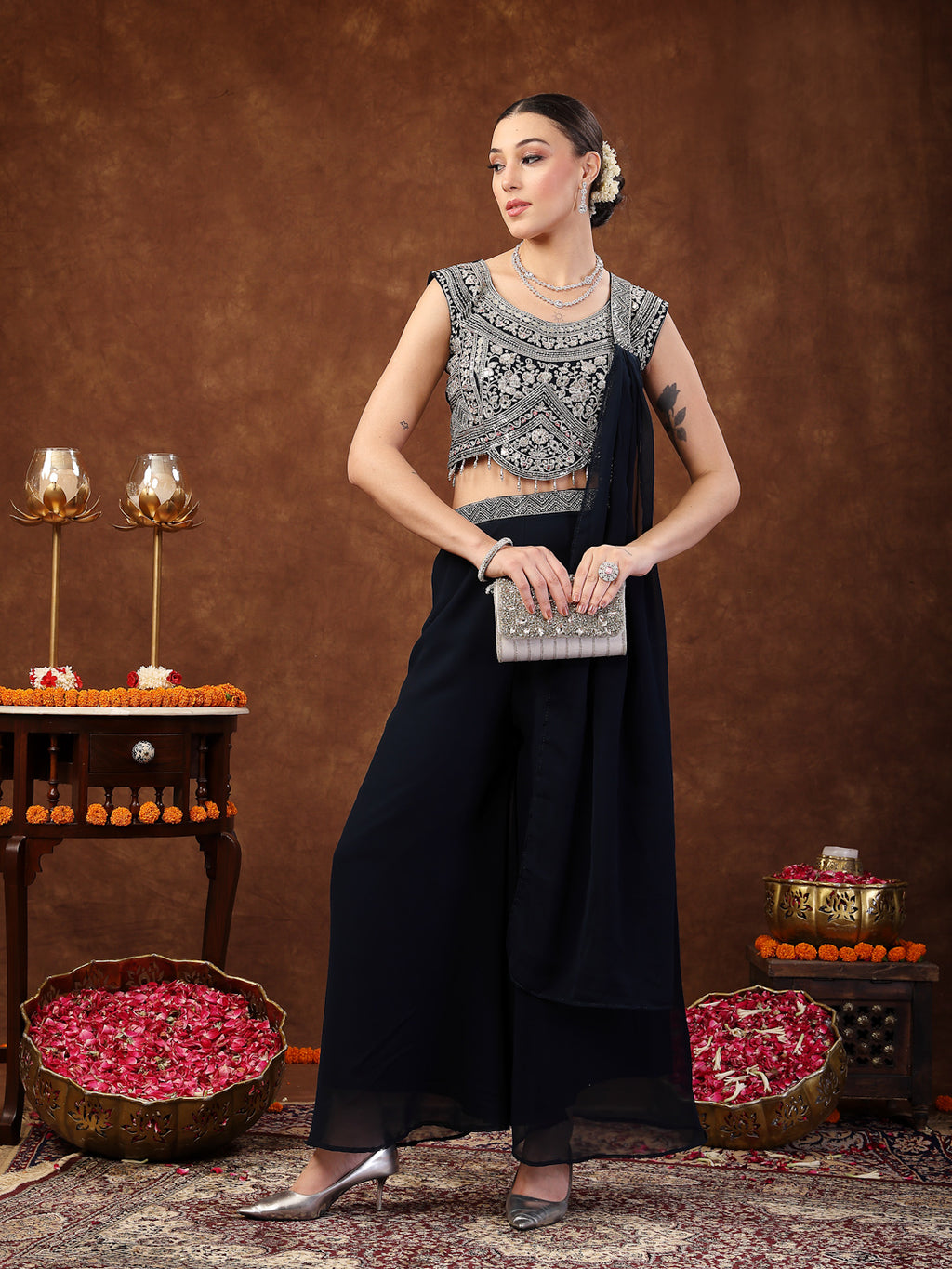 Women's Teal Embellished Party Wear Georgette Palazzo & Blouse with Dupatta