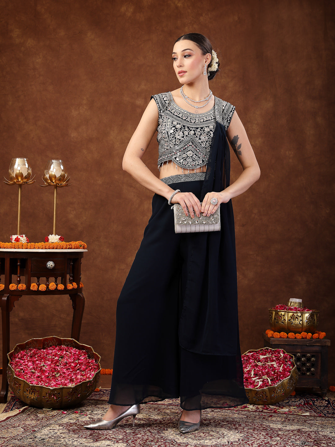 Women's Teal Embellished Party Wear Georgette Palazzo & Blouse with Dupatta