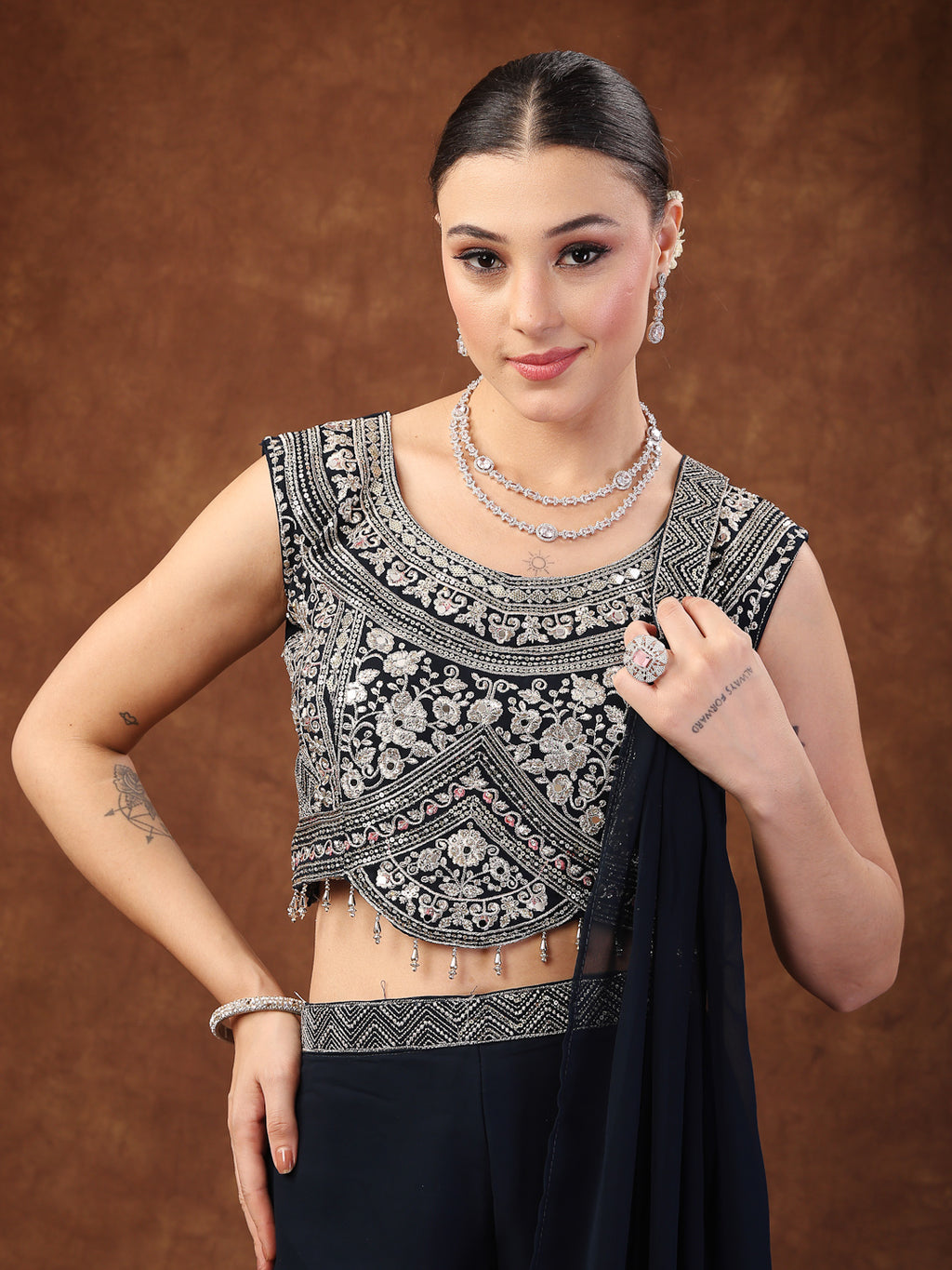Women's Teal Embellished Party Wear Georgette Palazzo & Blouse with Dupatta