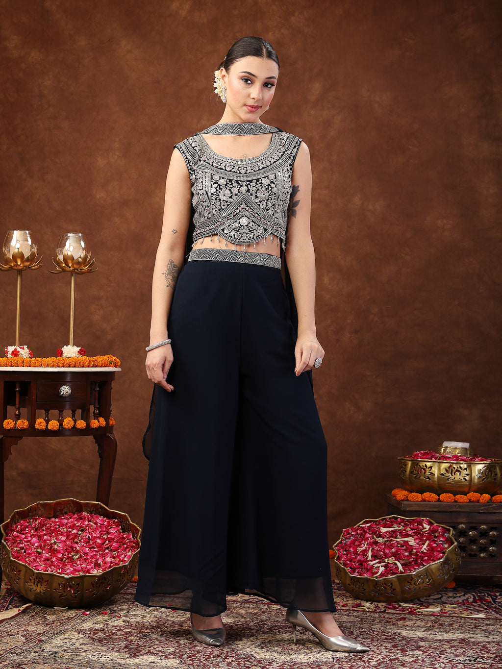 Women's Teal Embellished Party Wear Georgette Palazzo & Blouse with Dupatta