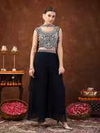 Women's Teal Embellished Party Wear Georgette Palazzo & Blouse with Dupatta