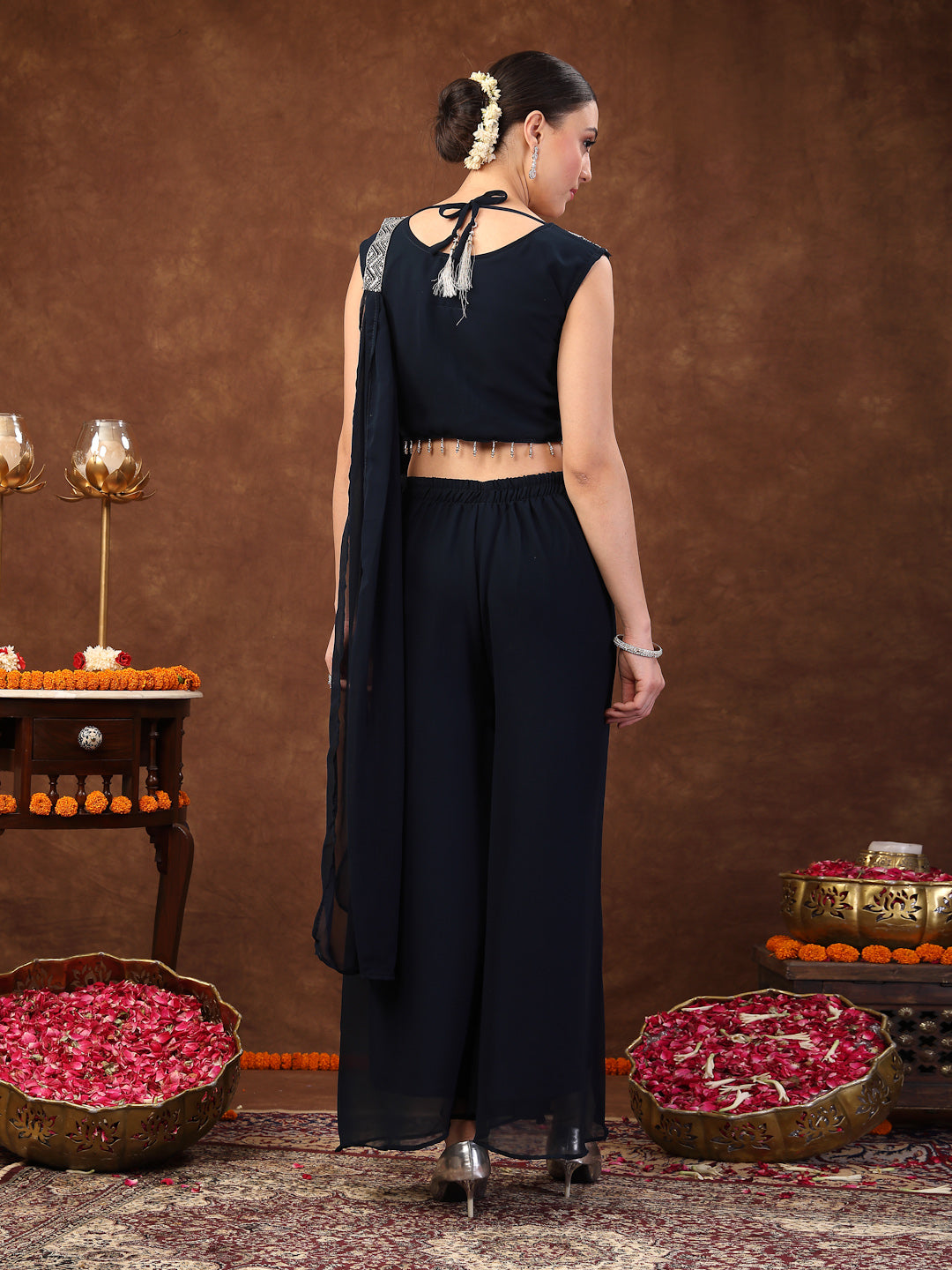 Women's Teal Embellished Party Wear Georgette Palazzo & Blouse with Dupatta