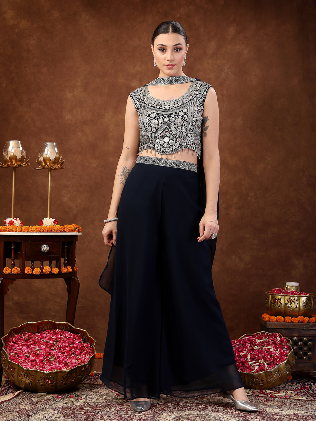 Women's Teal Embellished Party Wear Georgette Palazzo & Blouse with Dupatta
