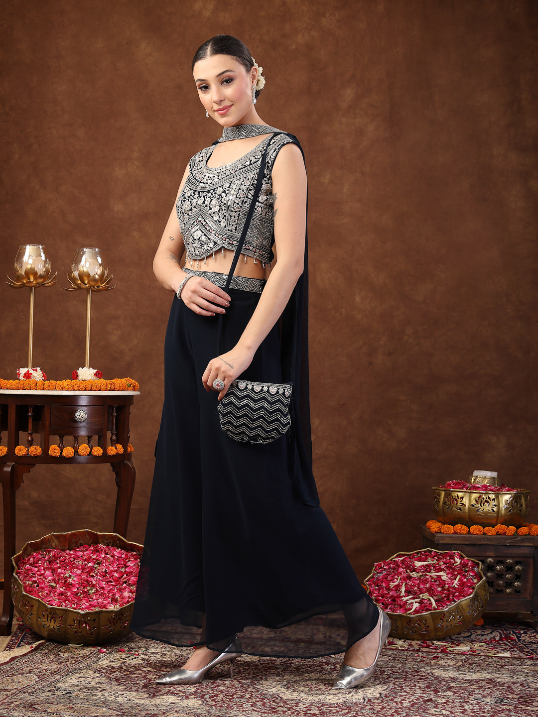 Women's Teal Embellished Party Wear Georgette Palazzo & Blouse with Dupatta