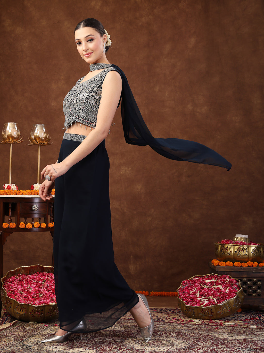 Women's Teal Embellished Party Wear Georgette Palazzo & Blouse with Dupatta