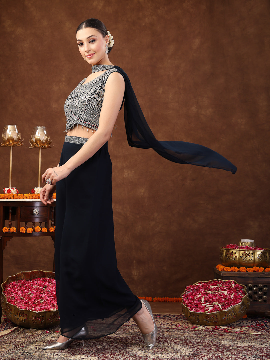 Women's Teal Embellished Party Wear Georgette Palazzo & Blouse with Dupatta