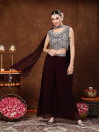 Women's Wine Embellished Party Wear Georgette Palazzo & Blouse with Dupatta