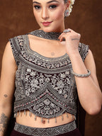 Women's Wine Embellished Party Wear Georgette Palazzo & Blouse with Dupatta