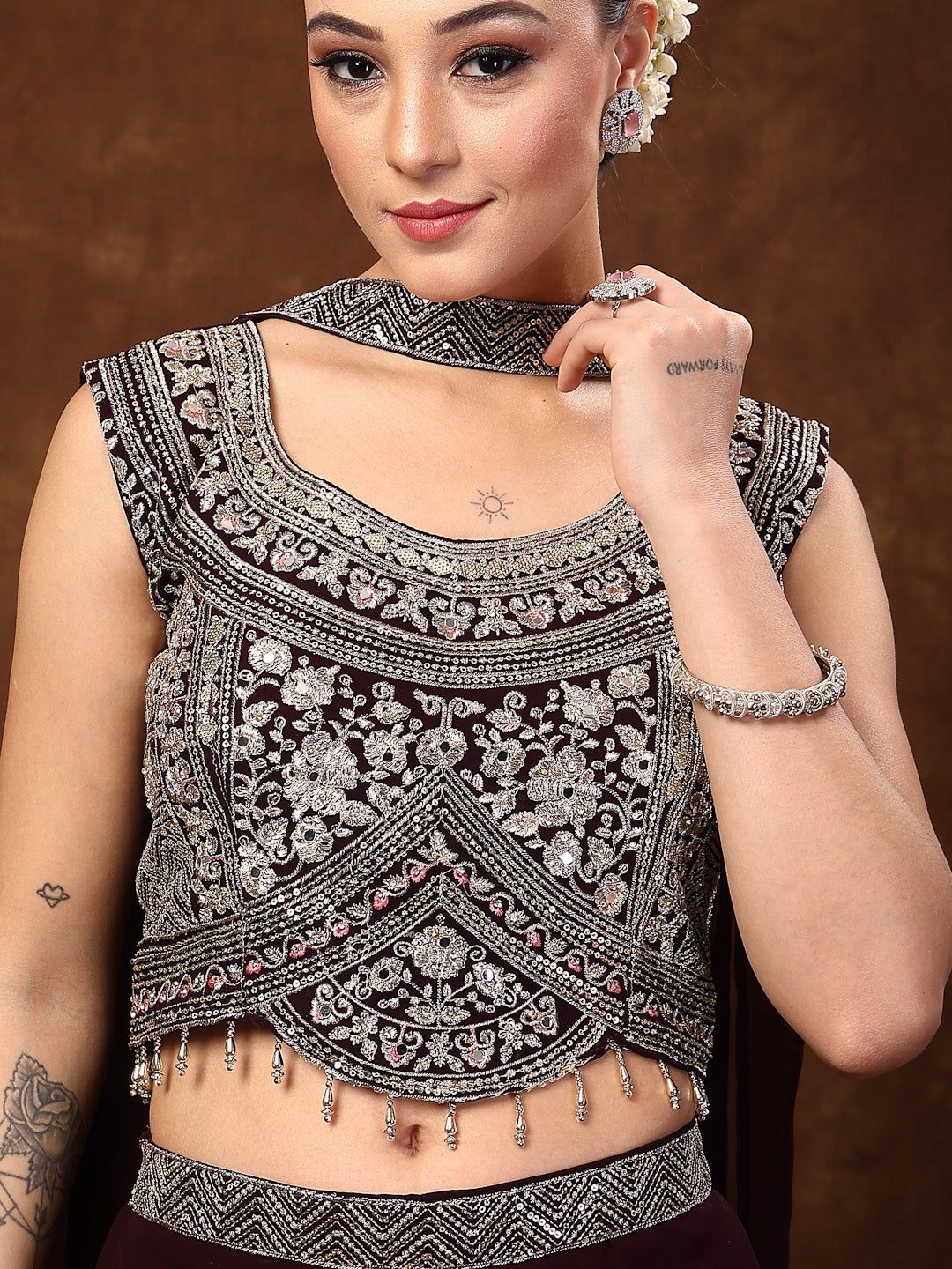 Women's Wine Embellished Party Wear Georgette Palazzo & Blouse with Dupatta
