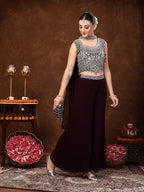 Women's Wine Embellished Party Wear Georgette Palazzo & Blouse with Dupatta