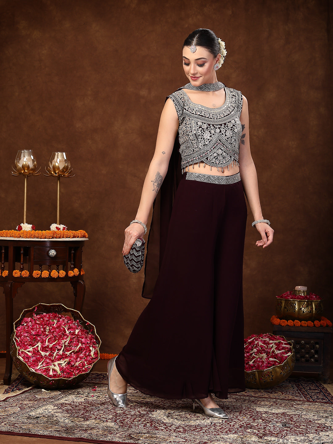 Women's Wine Embellished Party Wear Georgette Palazzo & Blouse with Dupatta