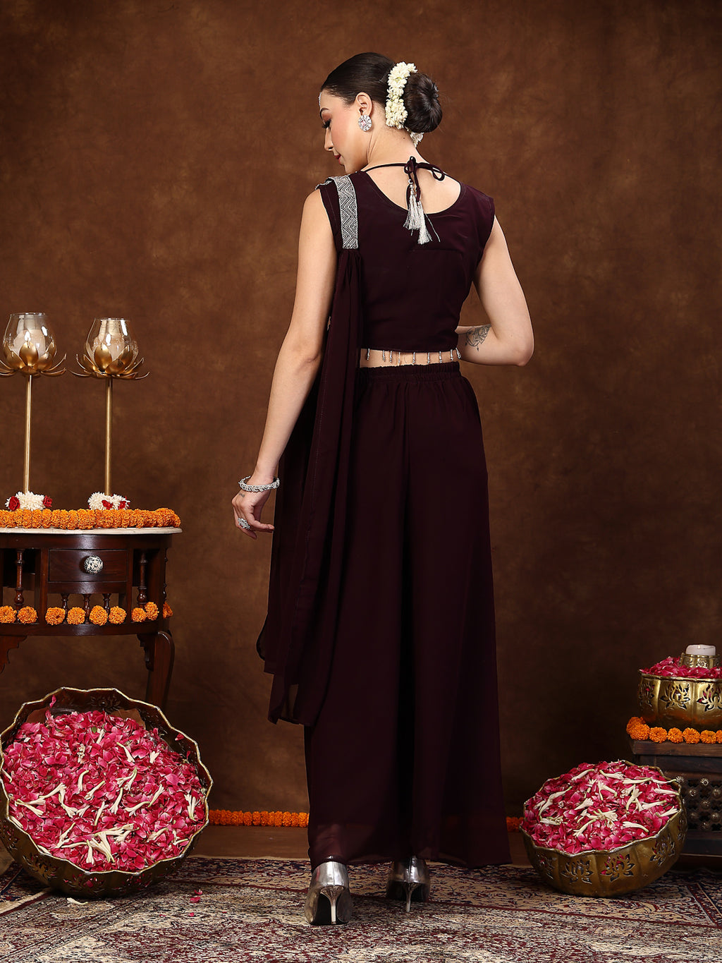 Women's Wine Embellished Party Wear Georgette Palazzo & Blouse with Dupatta