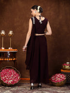 Women's Wine Embellished Party Wear Georgette Palazzo & Blouse with Dupatta