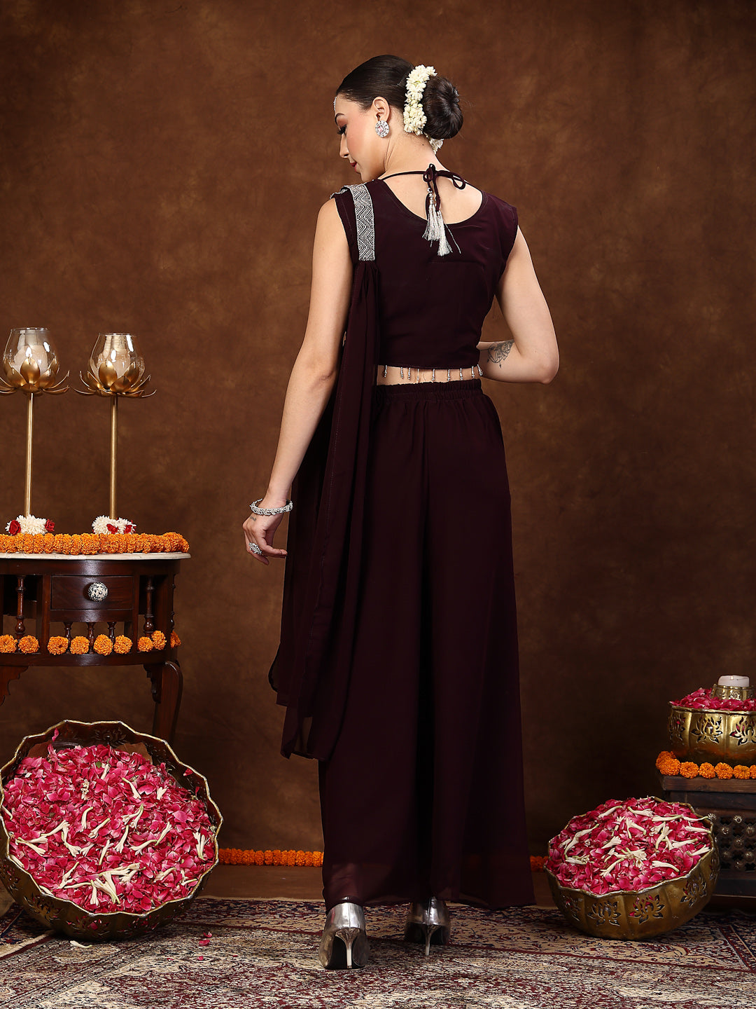 Women's Wine Embellished Party Wear Georgette Palazzo & Blouse with Dupatta