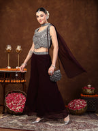 Women's Wine Embellished Party Wear Georgette Palazzo & Blouse with Dupatta