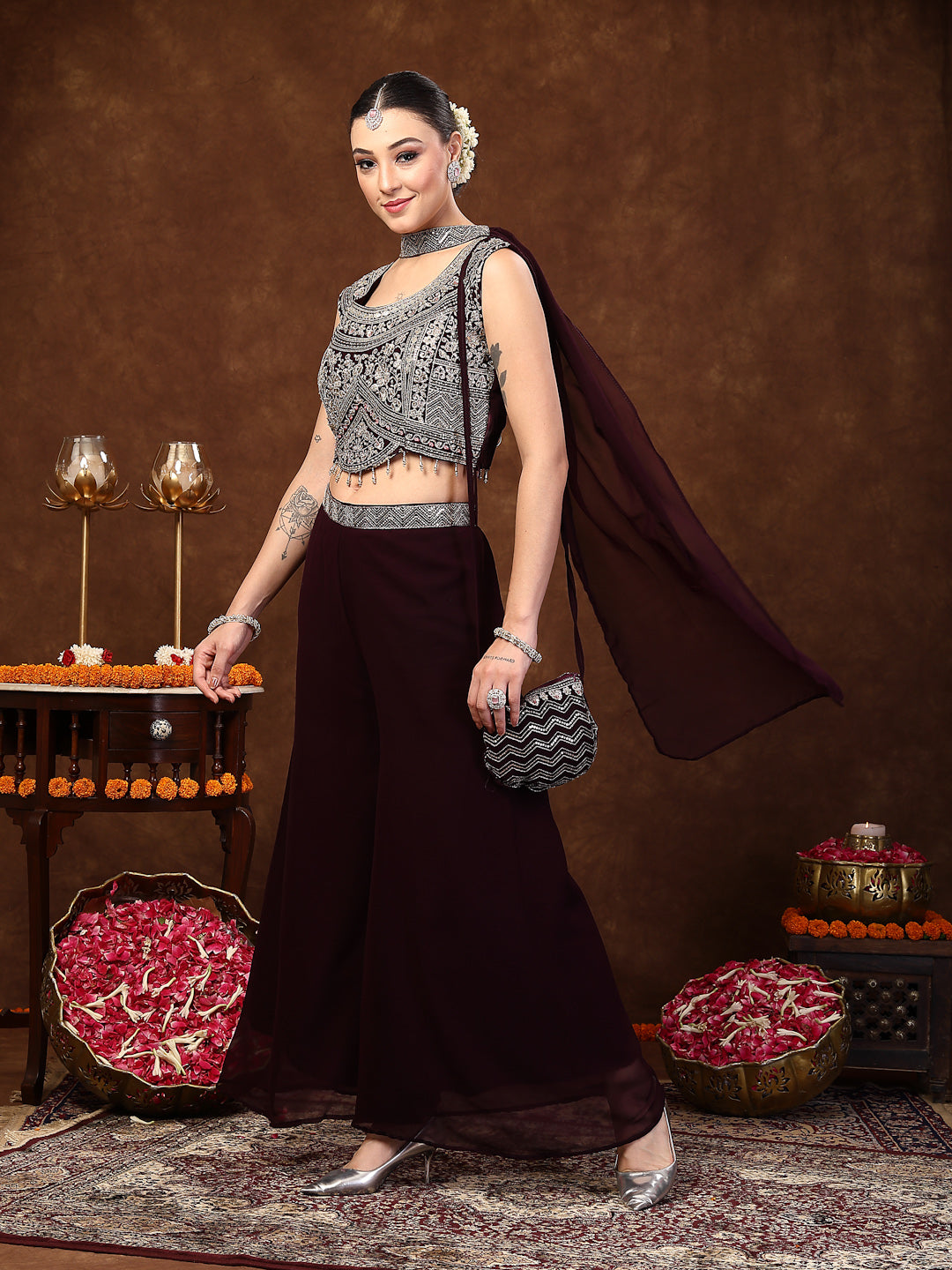 Women's Wine Embellished Party Wear Georgette Palazzo & Blouse with Dupatta