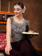 Women's Wine Embellished Party Wear Georgette Palazzo & Blouse with Dupatta