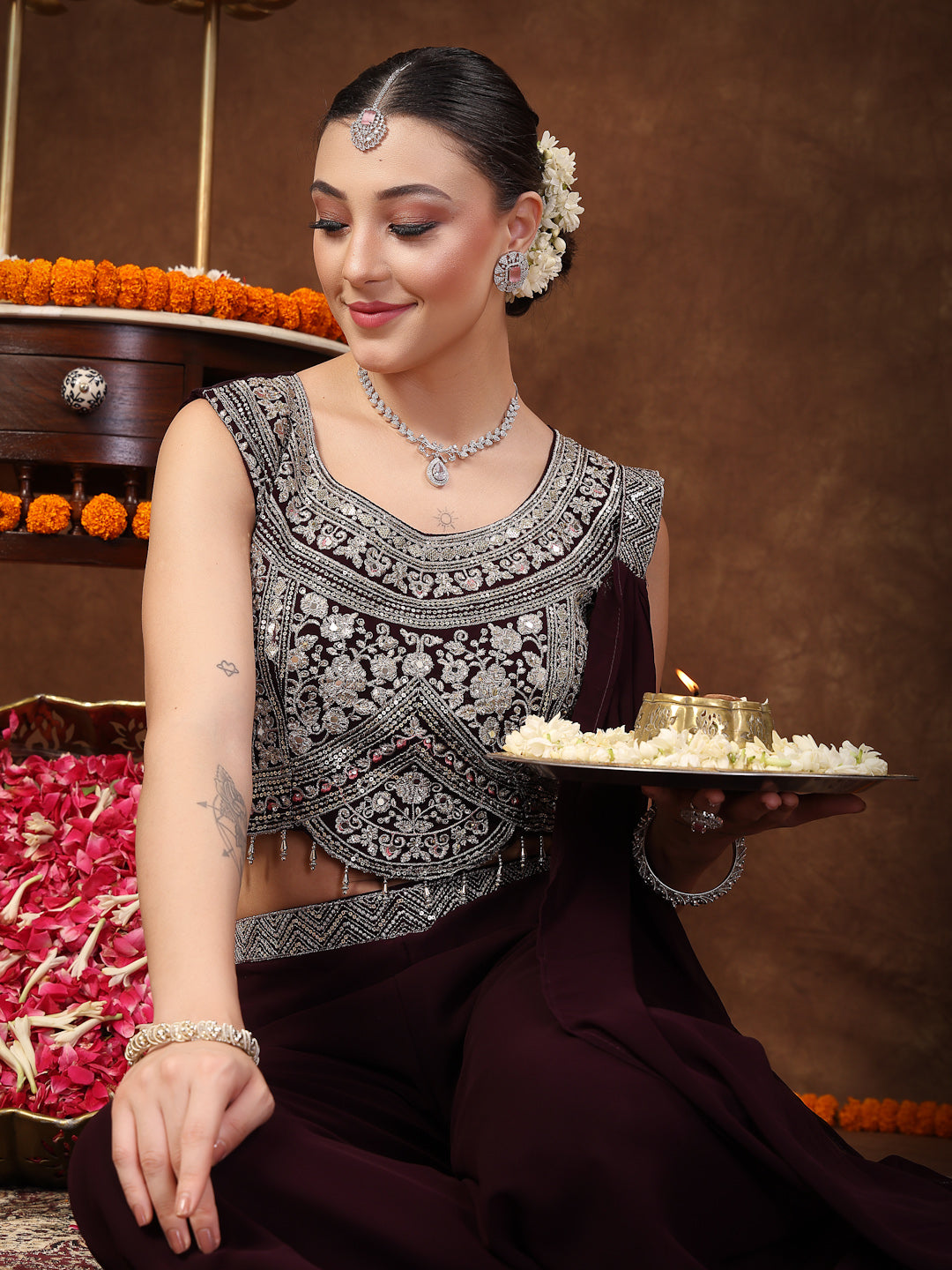 Women's Wine Embellished Party Wear Georgette Palazzo & Blouse with Dupatta