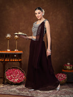 Women's Wine Embellished Party Wear Georgette Palazzo & Blouse with Dupatta