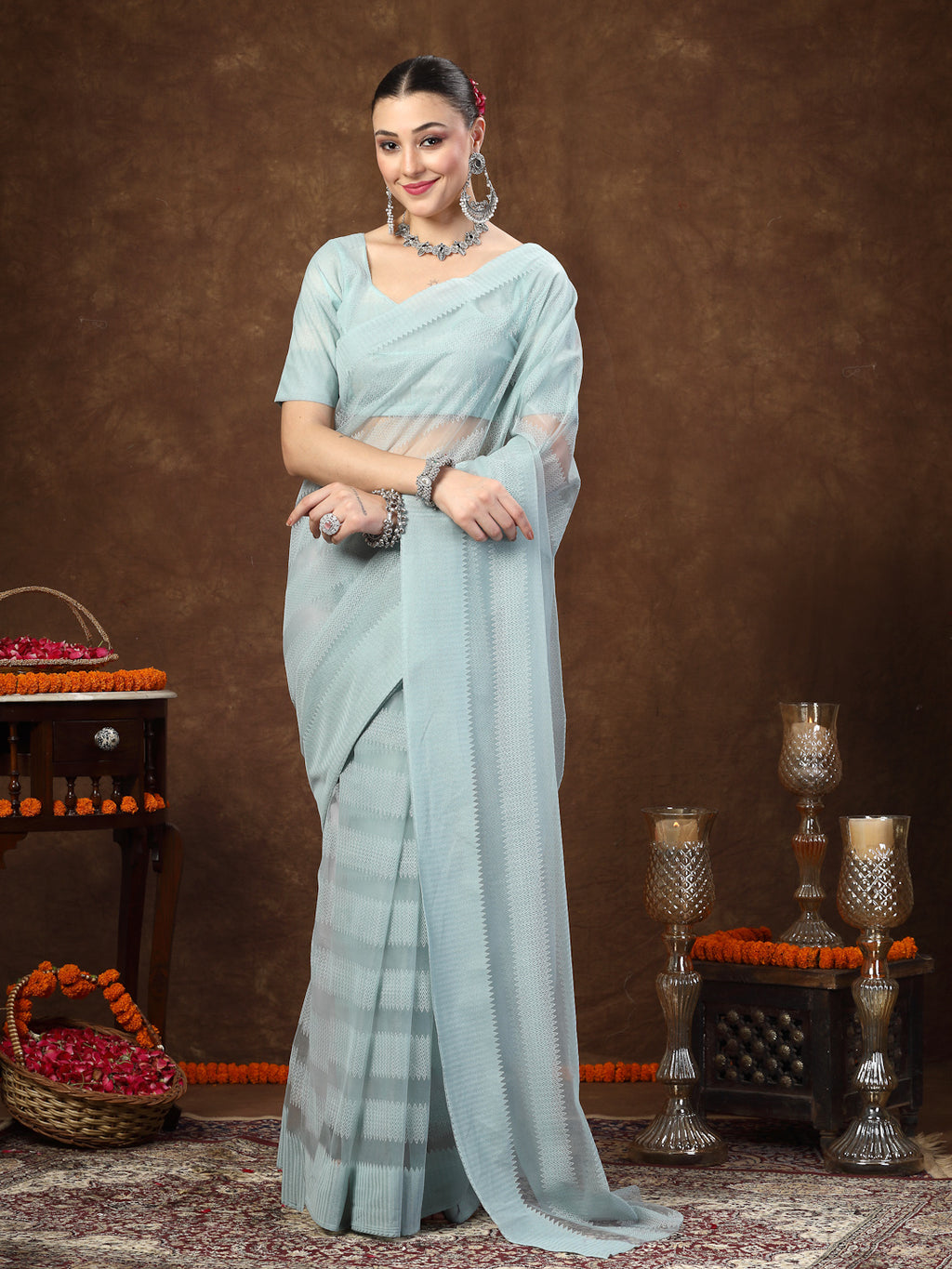 Women's Aqua Ethnic Striped Embroidered Net Saree