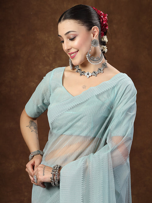 Women's Aqua Ethnic Striped Embroidered Net Saree