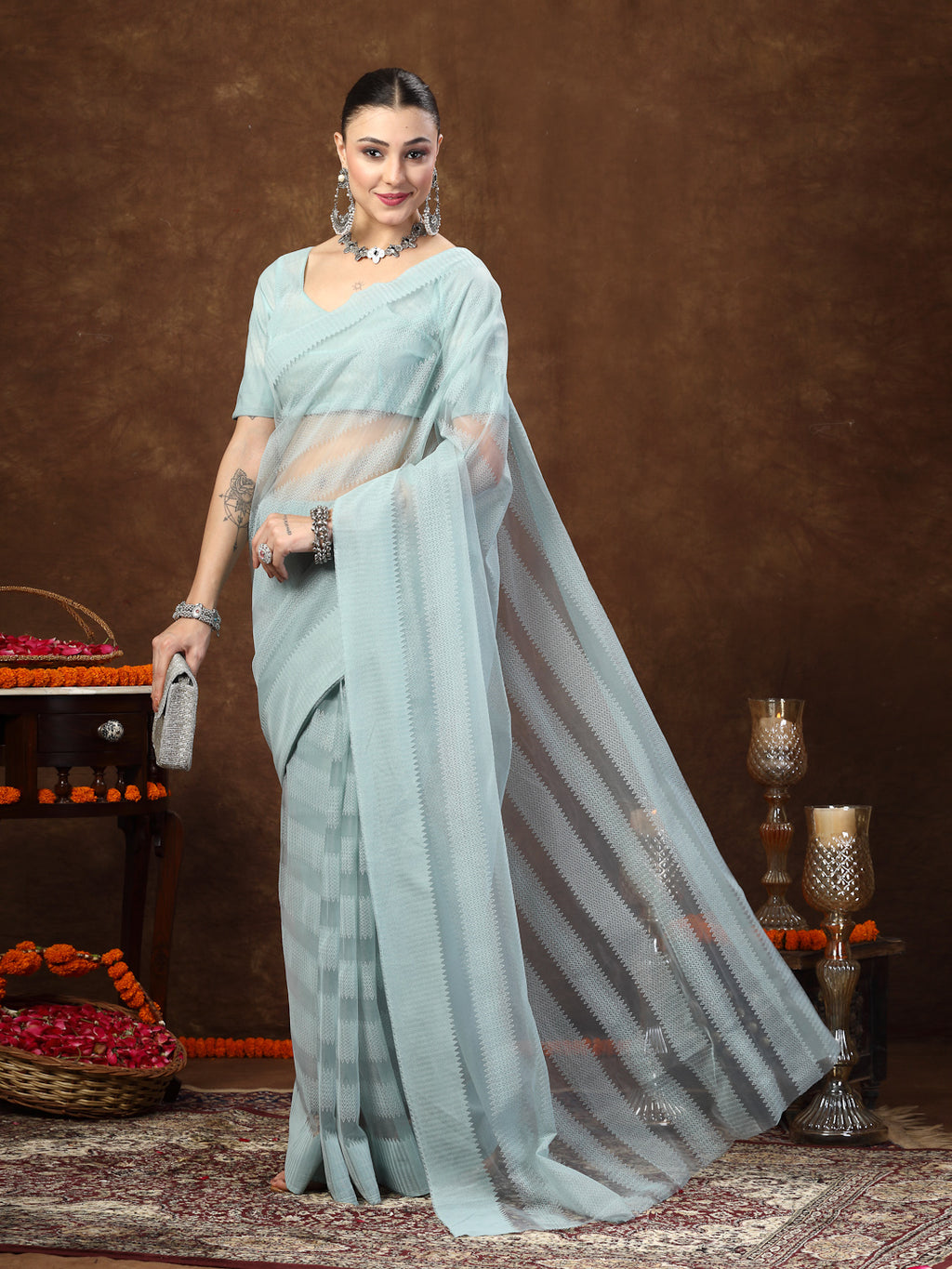 Women's Aqua Ethnic Striped Embroidered Net Saree