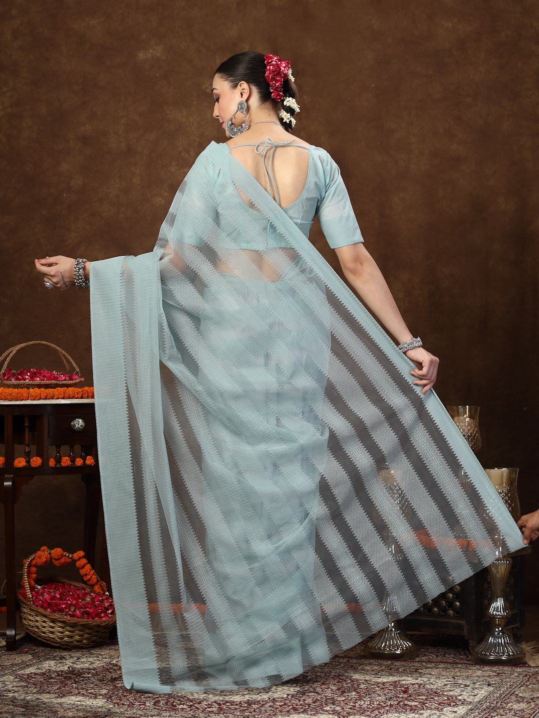 Women's Aqua Ethnic Striped Embroidered Net Saree