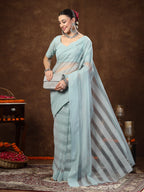 Women's Aqua Ethnic Striped Embroidered Net Saree