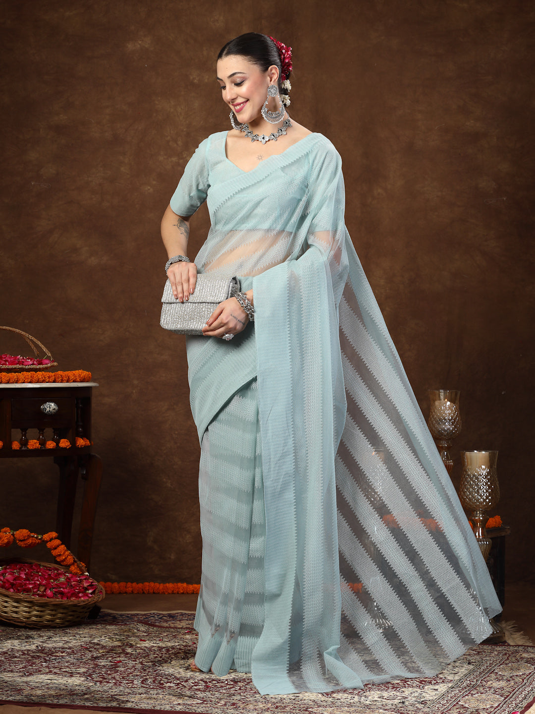 Women's Aqua Ethnic Striped Embroidered Net Saree