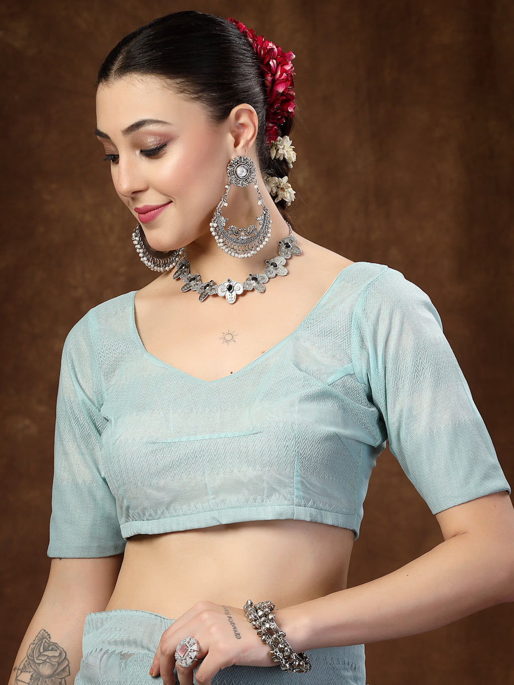 Women's Aqua Ethnic Striped Embroidered Net Saree