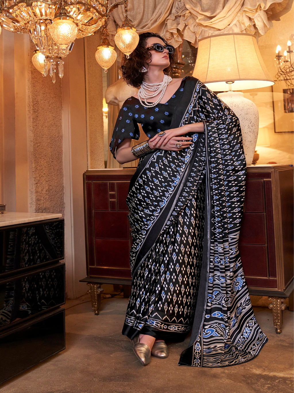Women's Black Printed Satin Saree with Unstitched Blouser Piece