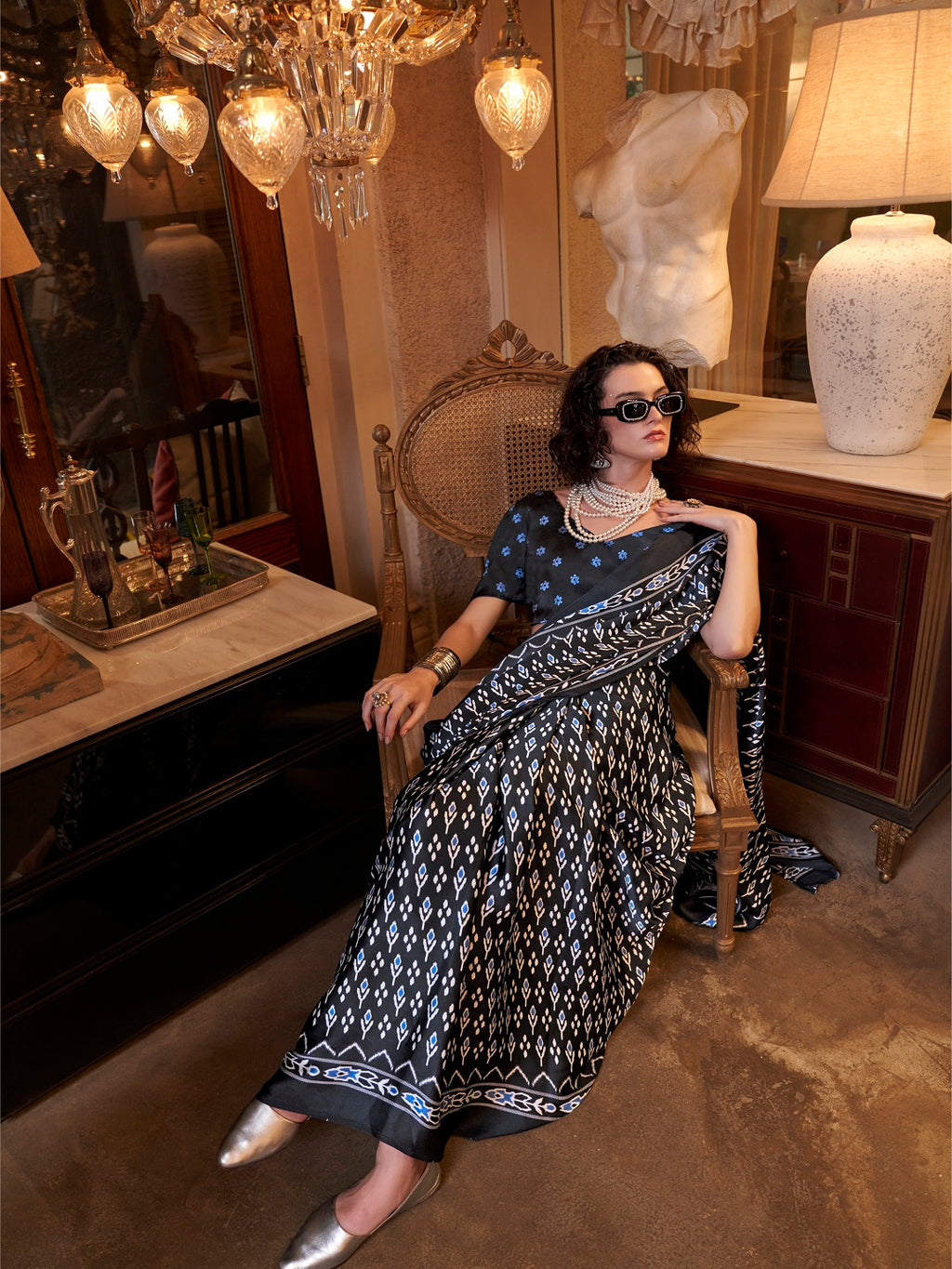 Women's Black Printed Satin Saree with Unstitched Blouser Piece