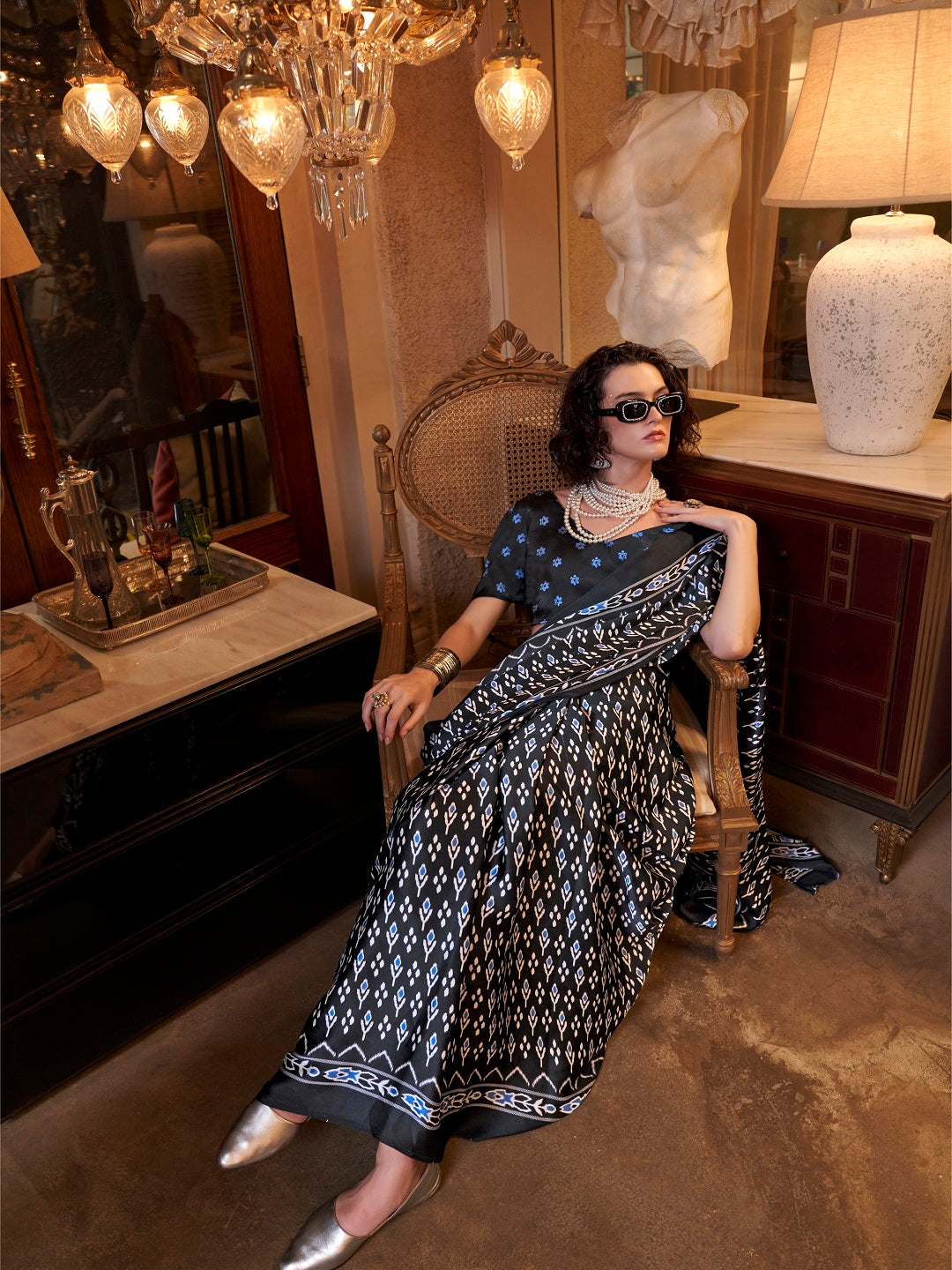 Women's Black Printed Satin Saree with Unstitched Blouser Piece