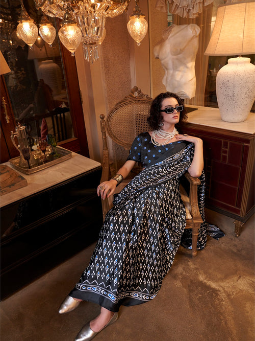 Women's Black Printed Satin Saree with Unstitched Blouser Piece