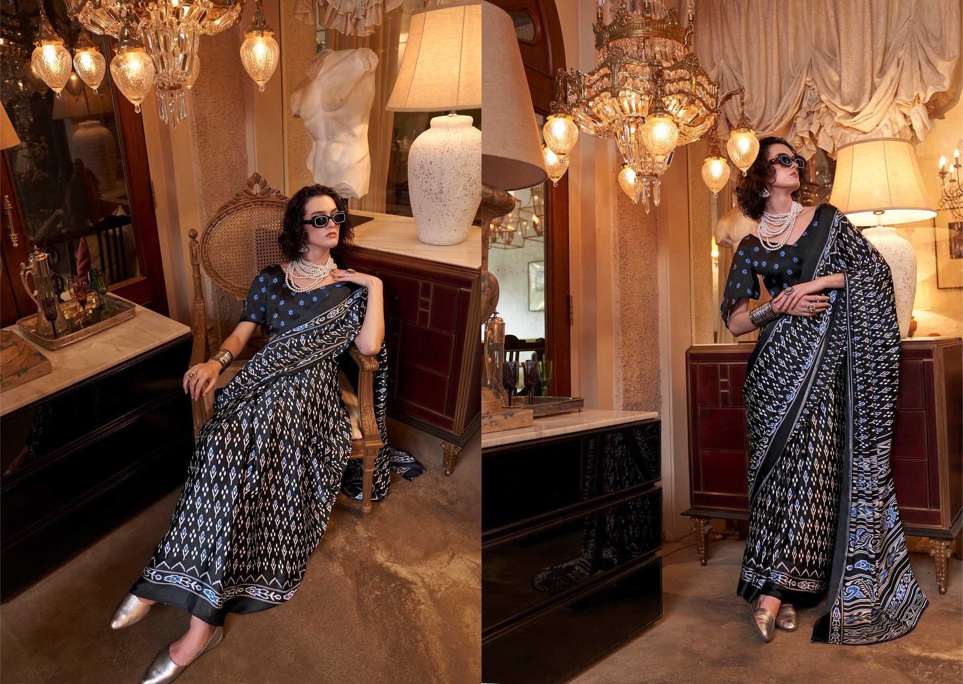 Women's Black Printed Satin Saree with Unstitched Blouser Piece