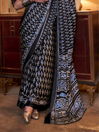 Women's Black Printed Satin Saree with Unstitched Blouser Piece