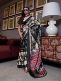 Women's Black Printed Satin Saree with Unstitched Blouser Piece