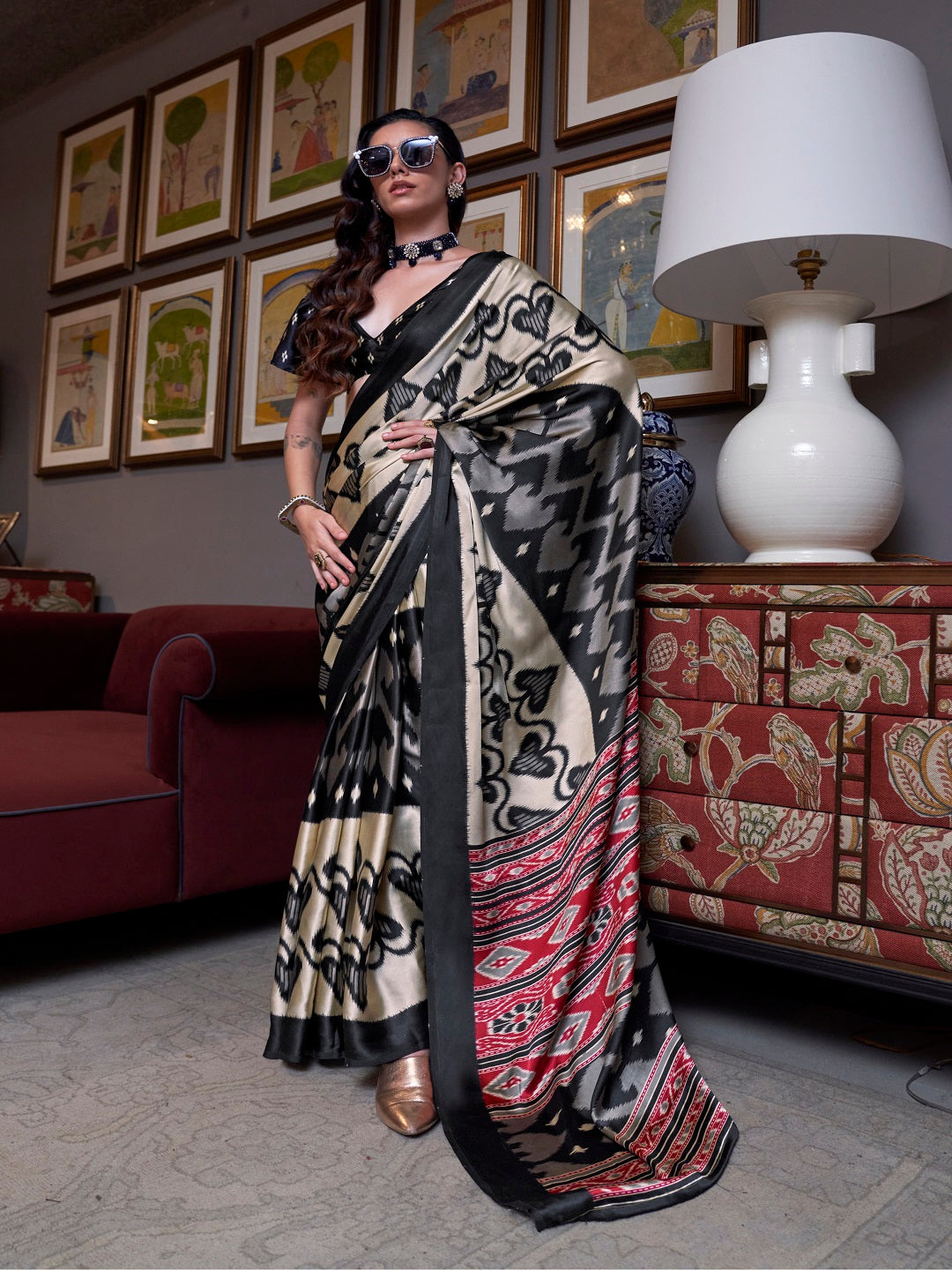 Women's Black Printed Satin Saree with Unstitched Blouser Piece