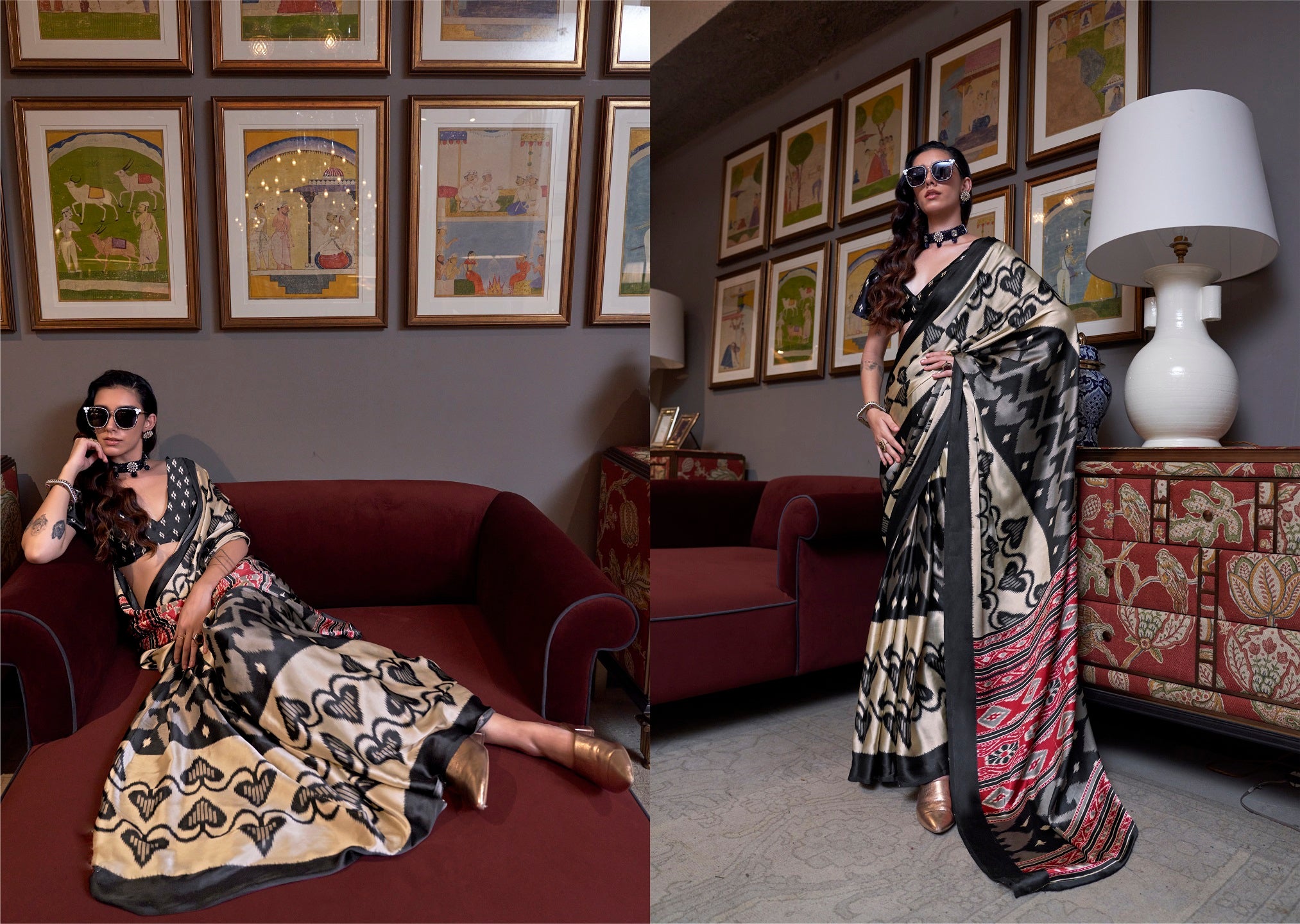 Women's Black Printed Satin Saree with Unstitched Blouser Piece
