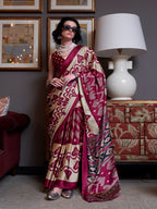 Women's Maroon Printed Satin Saree with Unstitched Blouser Piece